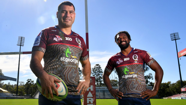 Reds players George Smith (left) and Moses Sorovi wearing the Indigenous jersey at Ballymore in Brisbane.