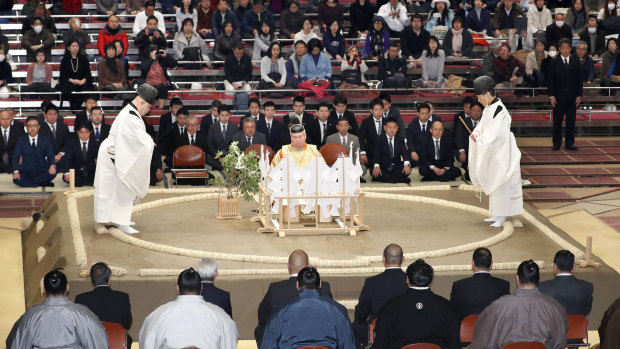 A Shinto ceremony is held to pray for the safety of sumo wrestlers before the start of the Kyushu Grand Sumo tournament in Fukuoka, southwestern Japan.