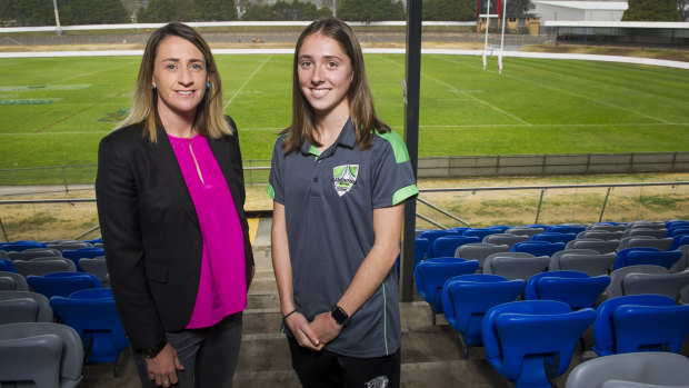 Canberra United coach Heather Garriock and player Karly Roestbakken at Seiffert Oval on Friday. 