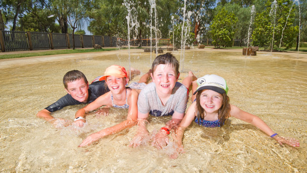 Siblings Max, 12, and Tilly, 10, from Adelaide with family friends Darcey, 9, and Eliza, 6, in Mildura, where temperatures were above 40 degrees for days on end in January. 