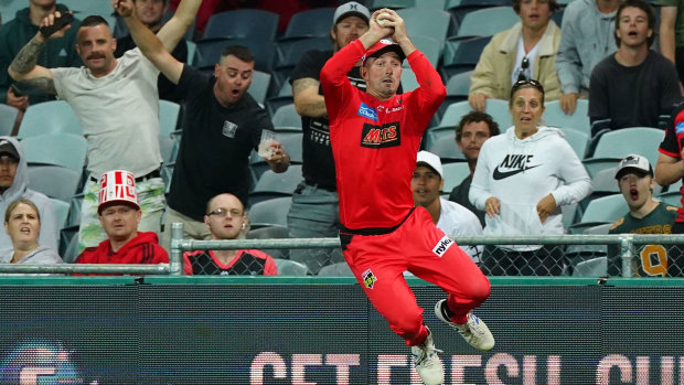 Shaun Marsh of the Renegades takes a catch on the boundary but throws it back into play.