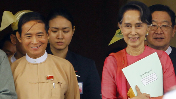 Win Myint, then newly elected president of Myanmar, left, and the country’s de facto leader Aung San Suu Kyi in 2018.