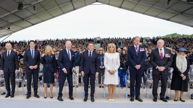 (From right) Governor-General of Australia David Hurley and his wife Linda; William, Prince of Wales; French President Emmanuel Macron and his wife Brigitte; US President Joe Biden and his wife Jill; Canadian Prime Minister Justin Trudeau; and Polish President Andrzej Duda.