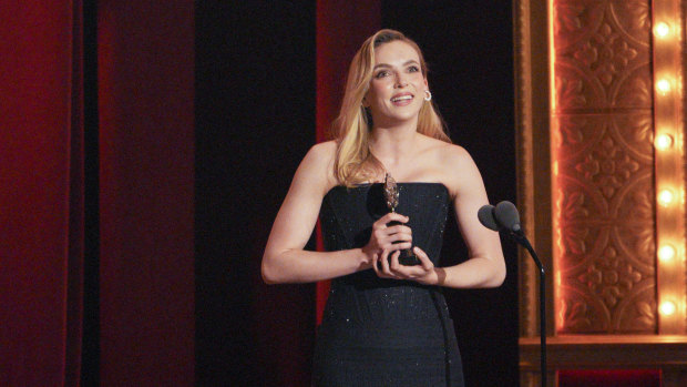 Jodie Comer accepts the Tony Award for best performance by an actress in a leading role in a play, “Prima Facie,” during the 76th Tony Awards in New York.