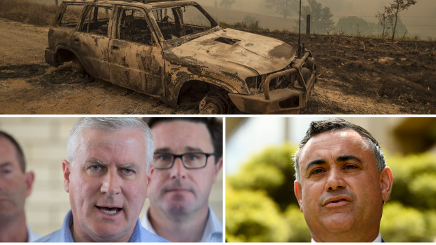 The NSW bushfires have ignited a political storm with Nationals pair Michael McCormack and John Barilaro saying now is not the time to be talking about climate change.