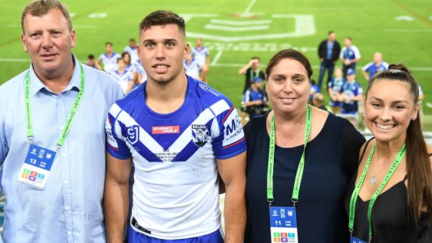Averillo with his family at the stadium, from left father Mick, Jake, mother Bev and partner Christi.