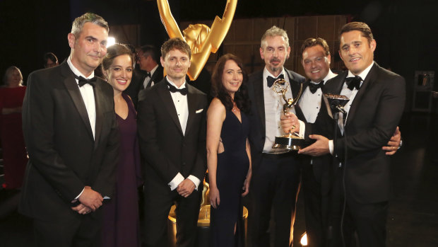 2019 Creative Arts Emmy Award winners Luke Letkey, from left, Laura Bethencourt Montes, Steven Godfrey, Clare Cheetham, Max Dennison, Claudius Christian Rauch, and Lindsay McFarlane from Chernobyl.