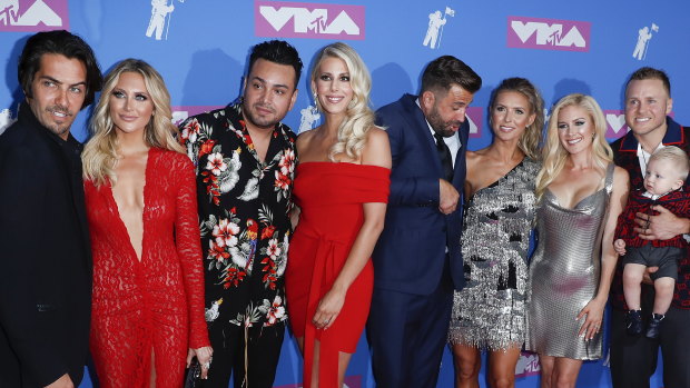 The Hills stars (L-R) Justin Brescia (aka Justin Bobby), Stephanie Pratt, Frankie Delgado, Ashley Wahler, Jason Wahler, Audrina Patridge, Heidi Montag,  Spencer Pratt and baby Gunner Pratt on the red carpet of the MTV VMAs on Monday.