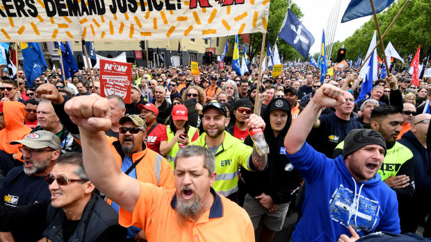 Thousands of people join the ACTU rally in Melbourne on Tuesday.