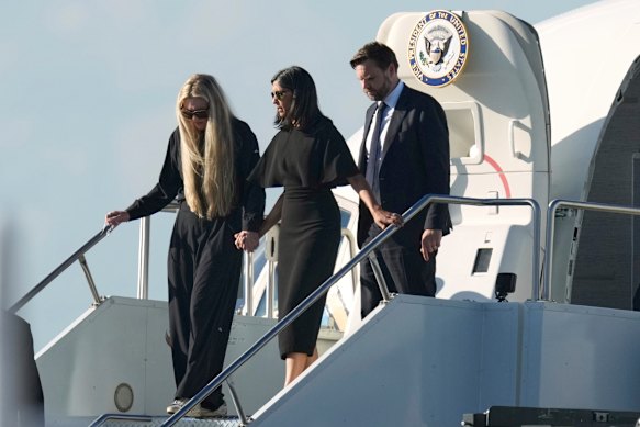 Erika Kirk disembarks Air Force Two with JD Vance and his wife, Usha, after they accompanied Charlie Kirk’s body back to Arizona on Thursday.