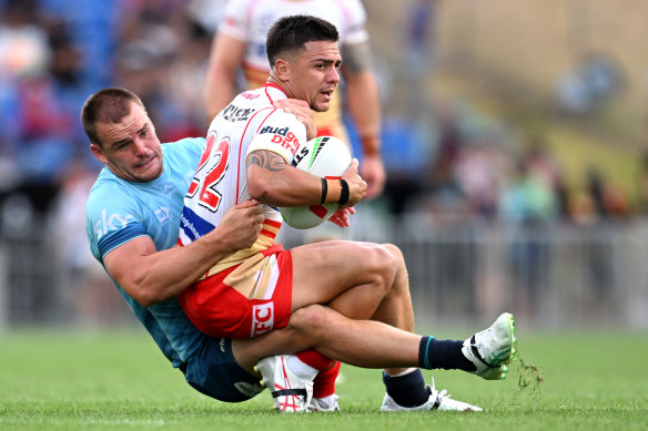 Kodi Nikorima, pictured against the Titans in the first trial, showed some promising signs in the halves against the Warriors last season.