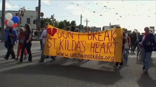 A still from the documentary shows protests against the proposed Triangle site development.