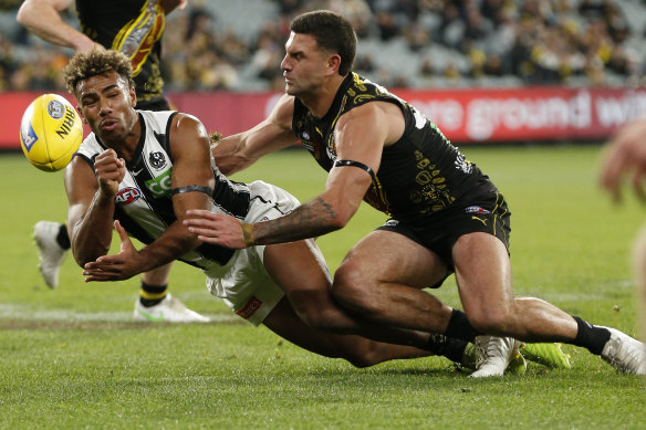 Defensive desire: Collingwood’s Isaac Quaynor.