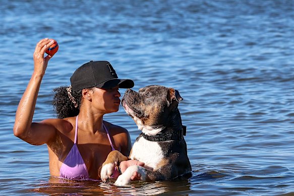 Melyssa Lesieur with her five-year-old dog Boss in Albert Park.