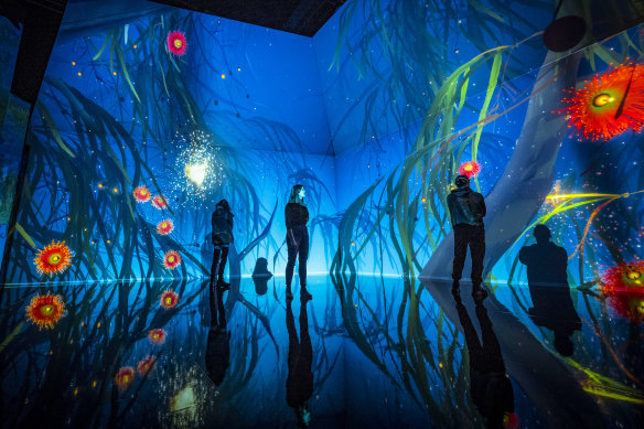 Tyama uses 80 speakers and 47 projectors to create an interactive immersive exhibition. 
