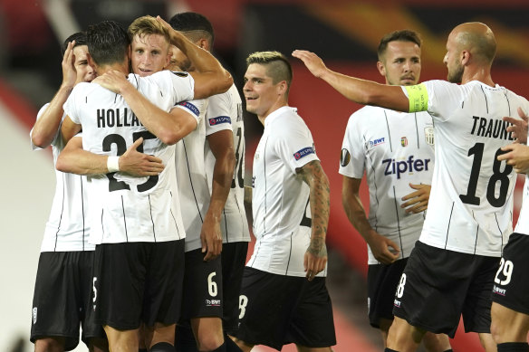 LASK's Philipp Wiesinger (third left) is congratulated by teammates after giving his side the lead.