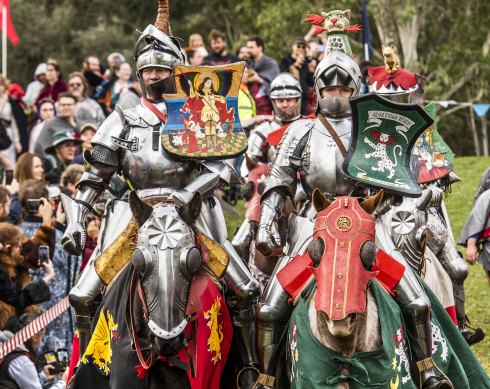 Pageantry before battle: Rodney and Liberty ride through the crowd at the Blacktown City Medieval Fayre.