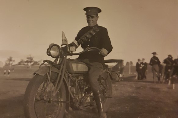 Sgt John Campbell Daley, on a motorbike in his Signals Corps uniform before enlisting in RAAF c. 1939.