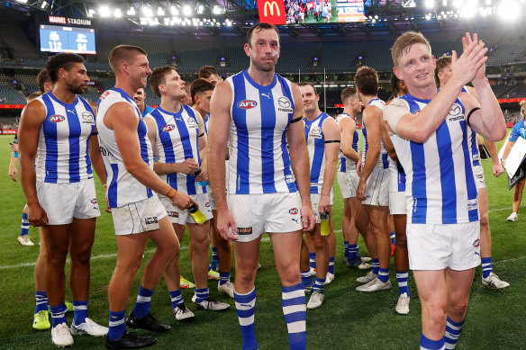 Jack Ziebell and the Roos celebrate their win.