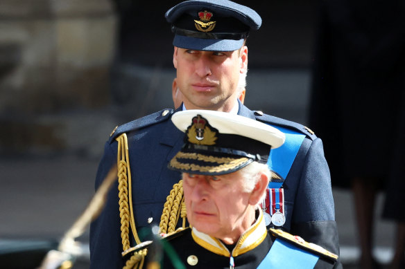 King Charles III and William, Prince of Wales, in the No 1 tailcoat ceremonial uniforms of the Royal Navy and the Royal Air Force. 