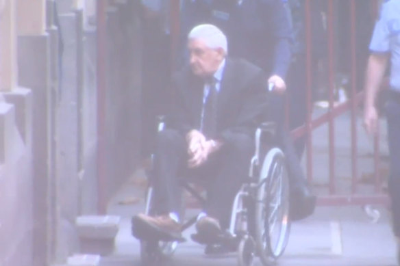Rodney Lee, 74, who pleaded guilty at the Supreme Court of Victoria to the murders of Saumotu Gasio, 62, and Tibor Laszlo, 72, is wheeled into court.