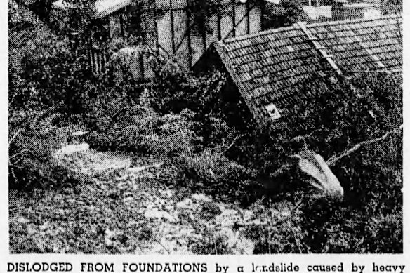 Eight destroyed homes in McCrae following a landslide in July 1952, as depicted on page one of The Age.
