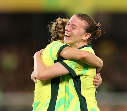 Kahli Johnson celebrates her maiden international goal.