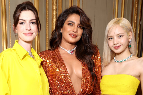 Anne Hathaway, Priyanka Chopra Jonas and Lisa aka Lalisa Manoban attend the Bulgari Eden of Wonders exhibition at the Italian Embassy in Paris.