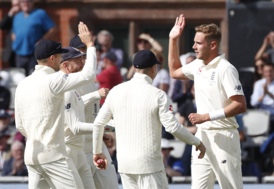 Stuart Broad celebrates dismissing David Warner during the 2019 Ashes series.