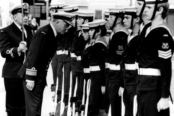 Commodore Guy Griffiths inspecting young Australian naval cadets, 1979.