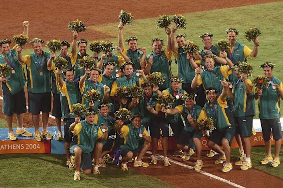 The Australian baseball team celebrating silver at the Athens 2004 Olympic Games.