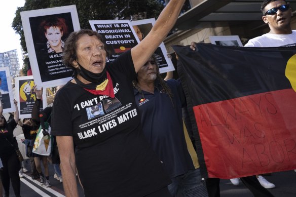 Leetona Dungay - mother of David Dungay Jr, who died while in custody at Long Bay Jail at the age of 26 - at a rally in April 2021.