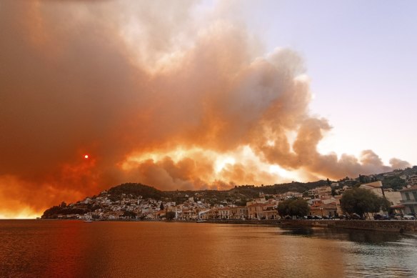 Flames burn on the mountain near Limni village on the island of Evia.