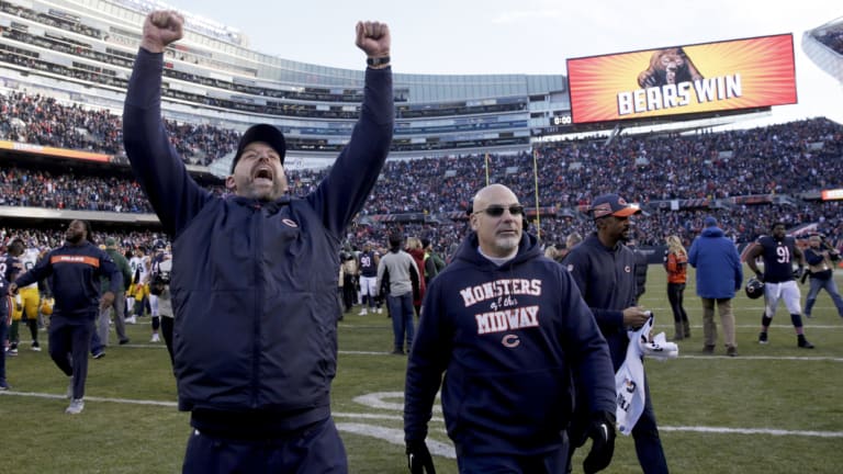 How sweet it is: Bears head coach Matt Nagy (left) celebrates a play-off berth.