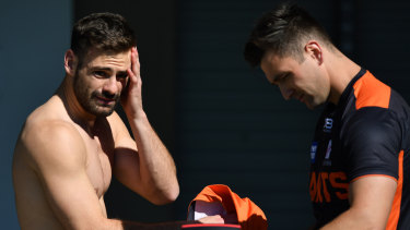 Free agent Stephen Coniglio (left) at Giants training this week. 
