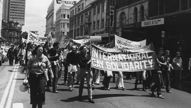 The morning march of the of the 1978 Mardi Gras Gay Solidarity Group protests in Sydney.