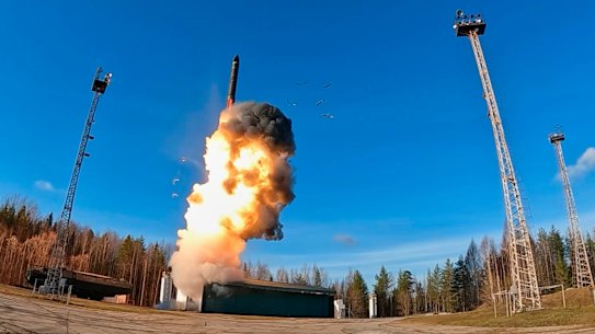 An image taken from video distributed by Russian Defence Ministry Press Service shows a Yars intercontinental ballistic missile being test-fired as part of drills of Russia’s nuclear forces.