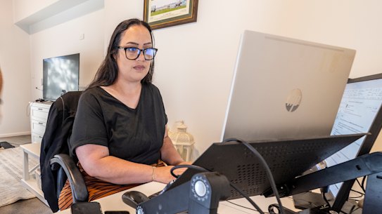 Lauren Bernays with husband Jeffrey - a flexible worker.
Photo by Jason South. 11th March 2025.