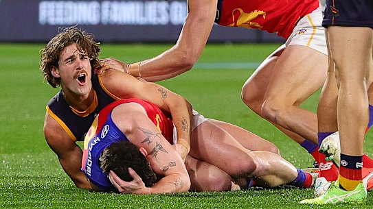 James Peatling’s tackle on Lachie Neale.