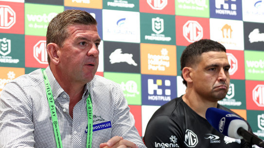 Jason Demetriou speaks to the media at Accor Stadium.