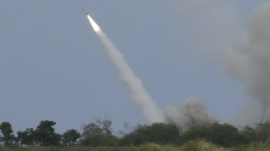 A US M142 High Mobility Artillery Rocket System (HIMARS) fires a missile to hit the ship as part of a barrage of high-precision rockets, airstrikes and artillery fired in the largest war drills in Philippine waters facing the disputed South China Sea that would likely antagonise China. 
