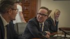 At the Senate hearing, from left Qantas head of corporate affairs Andrew McGinnes; CEO Alan Joyce and Jetstar CEO Stephanie Tully.