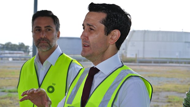 Premier David Crisafulli (right) speaks alongside with BP Country President Paul Auge (left) at Bulwer Island.