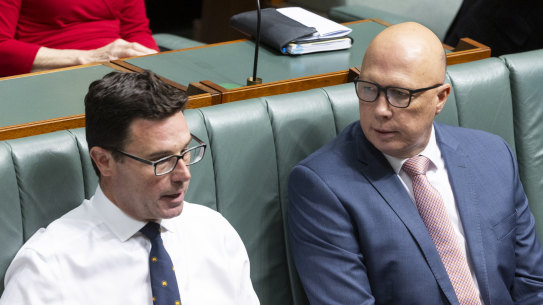 Nationals Leader David Littleproud and Opposition Leader Peter Dutton during a division in the House of Representatives at Parliament House in Canberra on Thursday 30 November 2023. fedpol Photo: Alex Ellinghausen