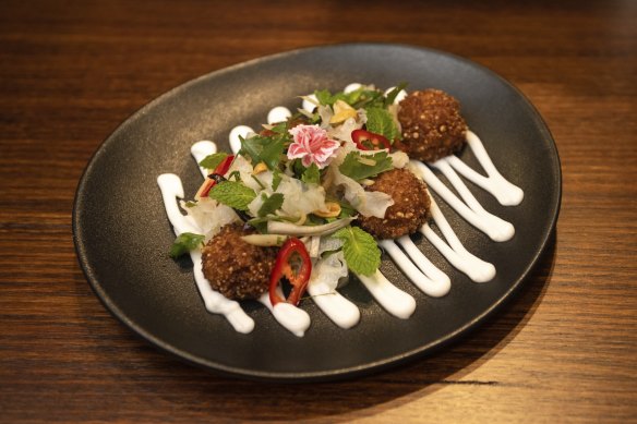 Crisp rice ball salad aka “red curry arancini”.