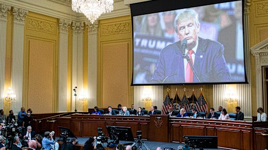 An image of former President Donald Trump is displayed as the House select committee investigating the Jan. 6 attack on the U.S. Capitol continues to reveal its findings of a year-long investigation, at the Capitol in Washington, Tuesday, June 21, 2022. On June 23, the Jan. 6 committee will hear from former Justice Department officials who faced down a relentless pressure campaign fr