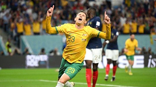 Craig Goodwin celebrates the Socceroos’ goal.