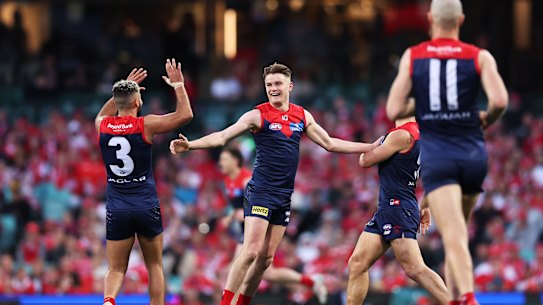 No to happy feet: Bayley Fritsch celebrates a goal in his return game on Sunday, but he finished the afternoon with a sore foot.