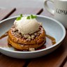 Sweet potato cinnamon scroll pancakes with cream cheese ​​​​​​​​icing.