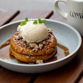 Sweet potato cinnamon scroll pancakes with cream cheese ​​​​​​​​icing.